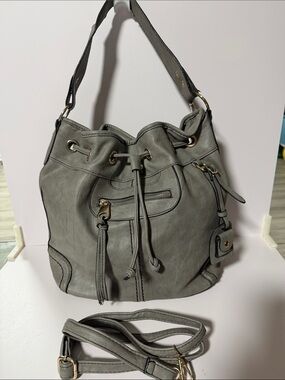 Gray Drawstring Pebbled Leather Shoulder Bag with Tassels